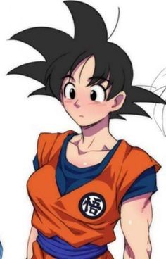 an anime character with black hair and orange shirt holding a blue ball in his hand