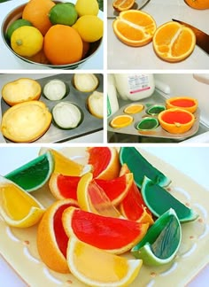 oranges, lemons, and other citrus fruits are cut up in different stages