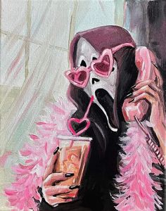 a painting of a woman with pink hair holding a drink and wearing a mask on her face