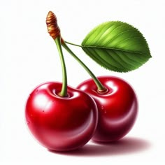 two cherries with green leaves on white background