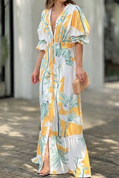 Casual Print Contrast V Neck Waist Skirt Dresses Women Maxi Dresses Summer, Button Maxi Dress, Beach Party Dress, Shirt Collar Styles, Elegant Maxi Dress, Printed Long Dresses, Floral Print Shirt, Sleeves Clothing, Maxi Robes