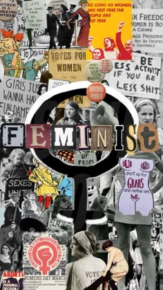 the word feminist surrounded by images of women in different colors and sizes, including letters