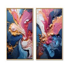 two abstract paintings with blue, pink and gold paint on the same piece of art