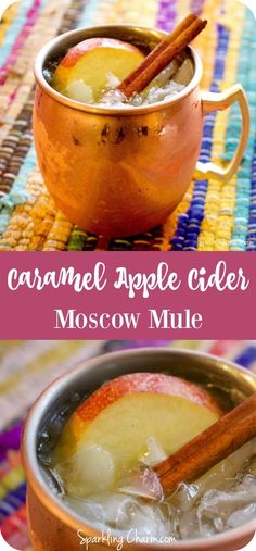 caramel apple cider moscow mule with cinnamon sticks in it and the recipe below