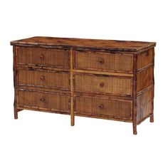 an old wooden dresser with wicker drawers