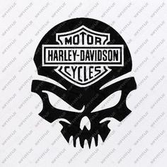 the harley davidson logo is shown in black and white with an image of a skull on it