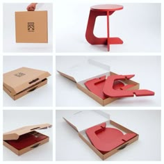 four different views of an open cardboard box with the lid and side section cut out