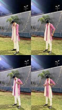 multiple shots of a man in white pants and pink shirt standing on grass with his hands behind his head