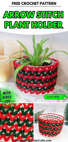 the crochet pattern shows how to make an arrow stitch plant holder with two different colors