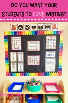 a colorful bulletin board with writing center on it