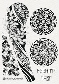 an intricate tattoo design with flowers and leaves