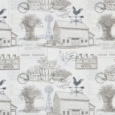 a wallpaper with farm scenes and windmills in grey on a white groundcloth