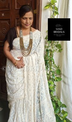 White Pre-draped Saree With Resham Embroidery For Wedding, Festive Pre-draped Saree With Lace Work, Reception Blouse With Traditional Drape And Lace Work, Traditional Drape Blouse Piece With Lace Work For Reception, Semi-stitched Pre-draped Saree With Lace Work For Wedding