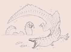 a drawing of an alligator with its mouth open next to a man in a wet suit