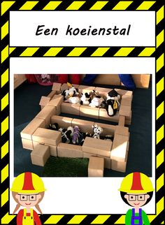 an image of children playing with cardboard boxes in the shape of animals and people wearing clown hats