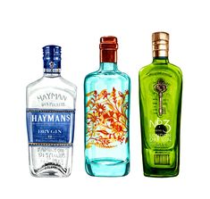 three bottles of different types of alcohol on a white background, one is blue and the other is green