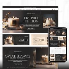 the candle shop website is displayed on an iphone and tablet device, with candles in front