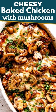 a casserole dish with mushrooms and parsley on top, in a white baking dish