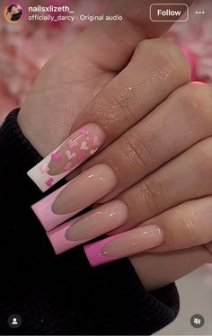 Pink Nail Designs Medium Length, Pink Gradient French Tip Nails, Almond Valentines Nails Pink, Medium Valentines Nails, Coquette Valentines Nails, Cute Valentines Nails Pink, Square Valentine Nails, Vacation Nails Acrylic, Valentines Nails Almond