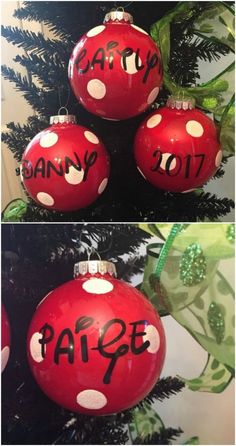 three red ornaments with white polka dots on them and the words happy new year written in black ink