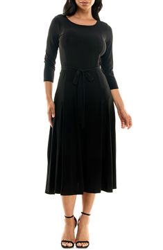 A twirl-worthy, tea-length skirt brings an elegant balance to a solid work-to-weekend dress fashioned from a stretch jersey for a sensible fit. 48" length Bateau neck Three-quarter length sleeves Waist belt 95% polyester, 5% spandex Machine wash, tumble dry Imported Model stats: 5'10" height, 32" bust, 25" waist, 36" hip. Model is wearing size Small. Stretch A-line Midi Dress In Elastane, Elegant Stretch A-line Midi Dress, Elegant A-line Midi Dress In Elastane, Elegant A-line Stretch Midi Dress, Stretch A-line Elastane Midi Dress, Stretch Elastane A-line Midi Dress, Elegant A-line Midi Dress, Fit And Flare A-line Midi Dress In Elastane, Stretch A-line Pleated Midi Dress