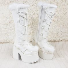 Brand New In Box W Tags White Pointed Toe Platform Boots For Winter, White Closed Toe Heels For Winter, White Synthetic Platform Boots For Winter, White Closed Toe Winter Boots, White Faux Leather Platform Boots With Round Toe, White Chunky Platform Winter Boots, White Chunky Platform Boots For Winter, Winter White Heels Medium Width, White Medium Width Heels For Winter