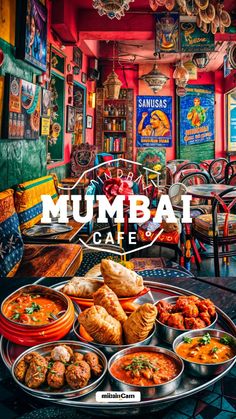 an advertisement for mumbai cafe with food on the table and colorful walls in the background