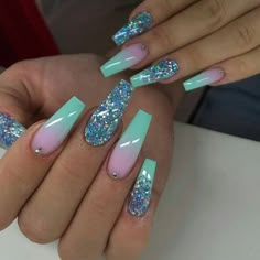 Blue Purple Sparkle Nails, Fancy New Years Nails, Spring Nail Art Designs Pretty Glitter, Lollapalooza Nail Ideas, Pretty Nail Designs Acrylics, Ombre Nail Design, Skull Nails, Ombre Nail, Long Nail Designs