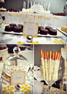 desserts and candies are displayed on the table for guests to sit down at