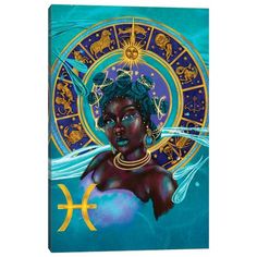 a painting of a woman with an aqua background and gold zodiac sign on it's face