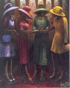 three women in colorful dresses and hats are standing near each other with their hands together