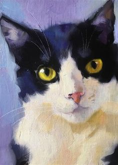 a painting of a black and white cat with yellow eyes looking at the camera on a purple background