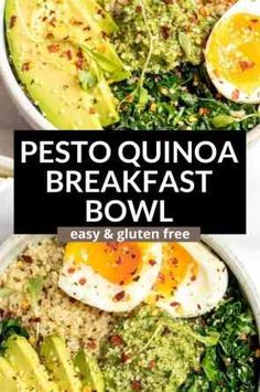 two bowls filled with pesto quinoa breakfast bowl next to an egg and avocado