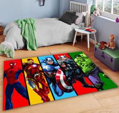 a room with a bed and rugs that look like the avengers characters in different colors