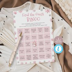 a pink and white printable game with the words find the guest bingo on it