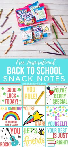 the back to school snack notes with crayons and pencils in them on a table