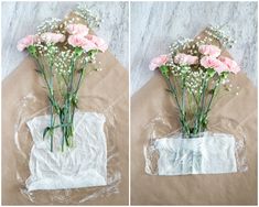 two pictures of flowers in a vase wrapped in plastic