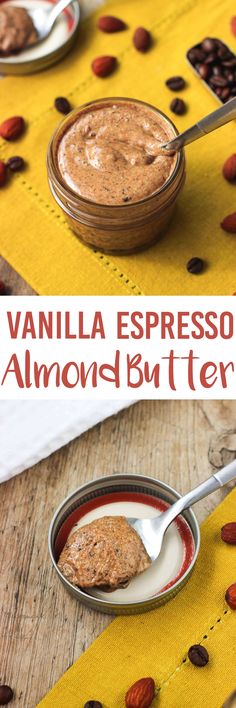 vanilla espresso almond butter in a bowl with spoon on the side and an orange table runner behind it