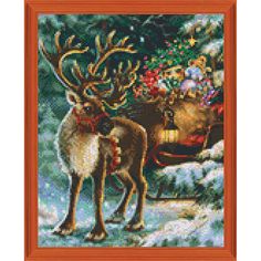 a cross stitch picture of a reindeer and his sleigh