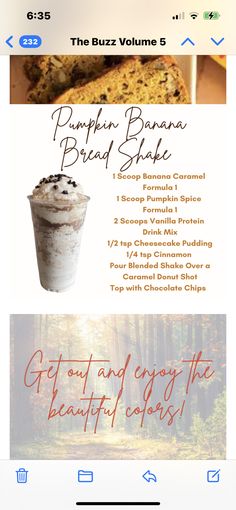 the menu for pumpkin banana bread shake is shown in this screenshote screen shot