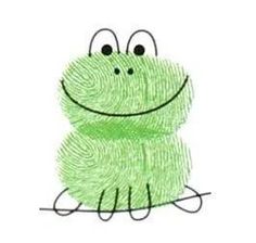 a drawing of a green frog with eyes wide open, sitting on the ground and smiling