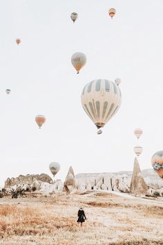 several hot air balloons flying in the sky over a dry grass covered field with trees