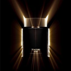 a dark room with light coming from the ceiling and an open door that says tom ford noir