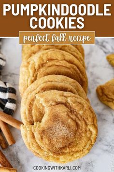 pumpkin cookies with cinnamon on top and the title overlay reads, pumpkin cookie cookies perfect fall recipe