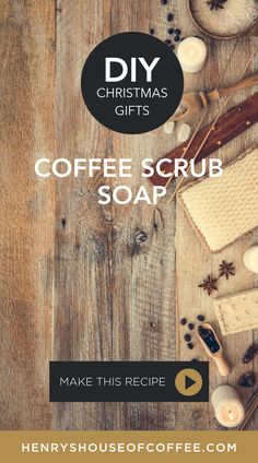 coffee scrub recipe on a wooden table with candles and other items to make it look like christmas