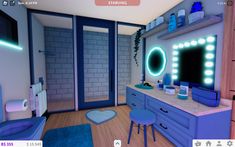 a virtual view of a bathroom with blue furniture