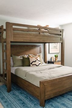 a bedroom with a bunk bed and blue rug