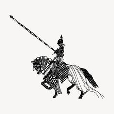 a man riding on the back of a horse next to a tall wooden pole with a spear