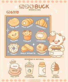 an illustrated poster showing different types of breads and pastries on a chalkboard