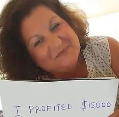 a woman holding up a sign that says i proffited $ 5000 in blue ink